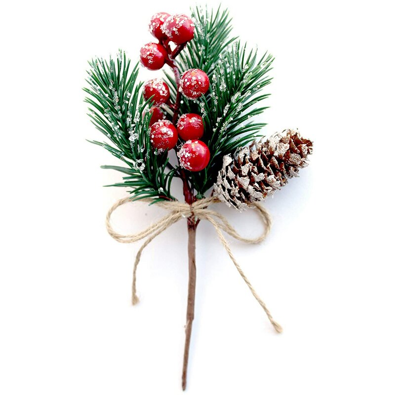 Tallos de bayas rojas, ramas de pino, decoración de bayas de Navidad, 8 piezas, conos de pino artificiales, rama artesanal, corona