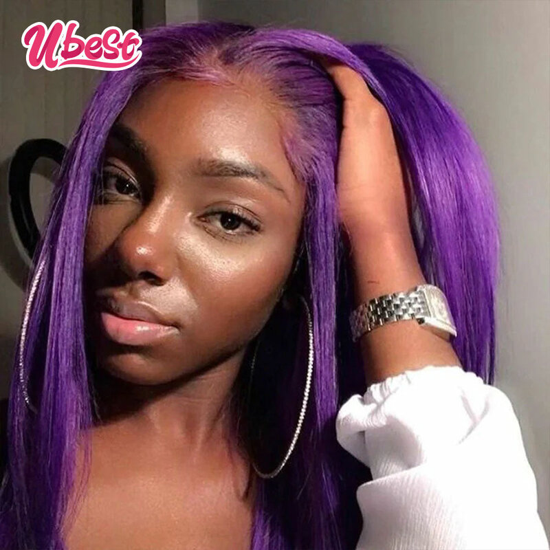 Wig renda Lurus ungu gelap 13x4 Wig Frontal renda transparan rambut manusia renda berwarna ungu Wig penutup sebelum dipetik