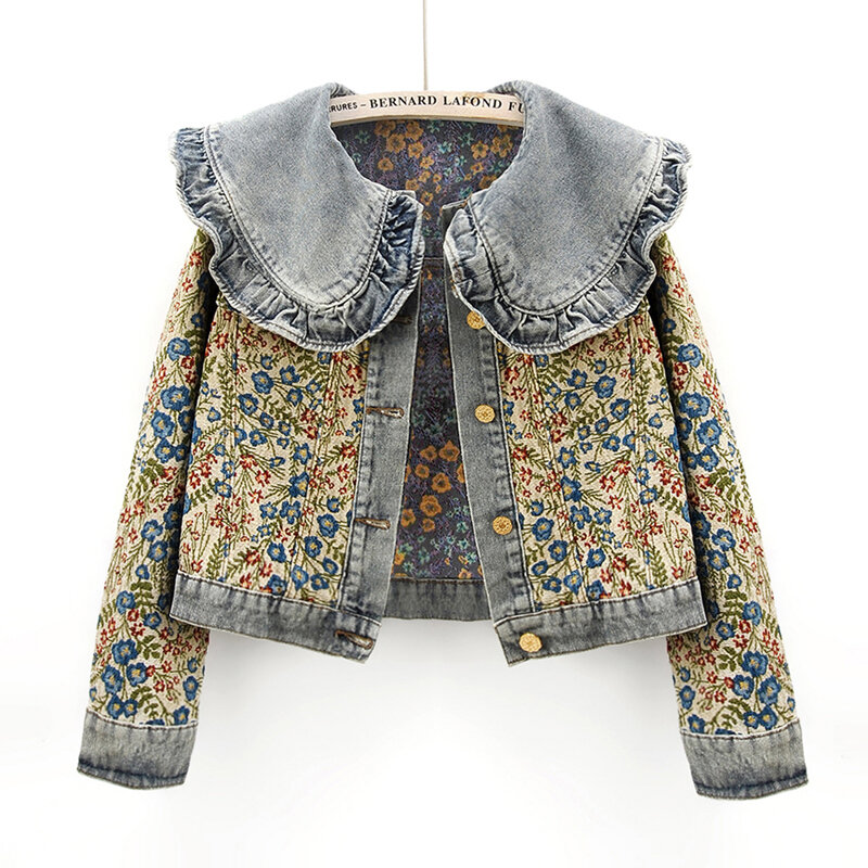 여성용 자카드 자수 피터팬 칼라 데님 재킷, 루즈한 짧은 카우보이 겉옷, 캐주얼 청바지 재킷, 용수철 가을