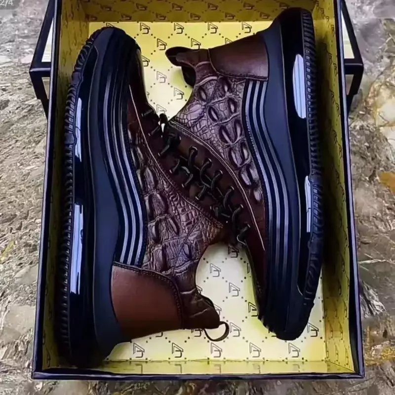 Zapatos informales de suela gruesa para hombre, calzado de trabajo de negocios cepillado, de cuero de cocodrilo, con plataforma, a la moda, 2023