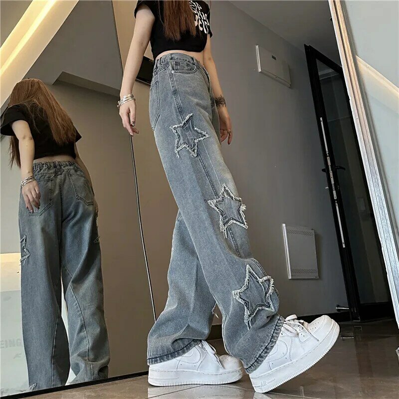 Hip-hopowe niebieskie dżinsy damski, wiosenny i jesień nowa koreańska moda Streetwear spodnie z prosta szeroka nogawkami workowate dżinsy odzież damska
