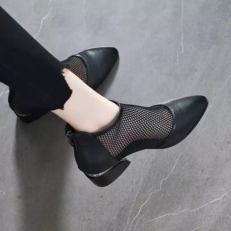 Botas de malla con tacón grueso para mujer, zapatos finos de verano, versátiles, 2024