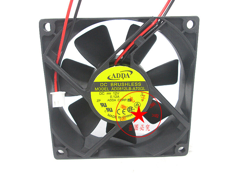 ADDA ventilador de refrigeração do servidor 2 fios, AD0812LB-A70GL, DC 12V, 0.12A, 80x80x25mm