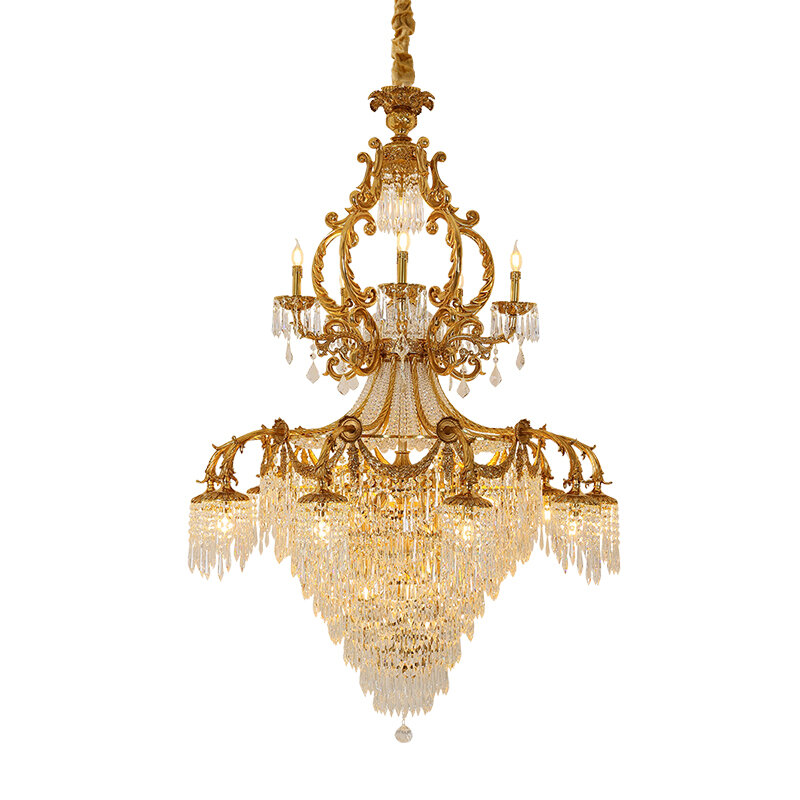 European Villa Duplex Dome Hall Brass Crystal Big Chandelier French Neo Classic Living Room Stair Copper Pendant Light
