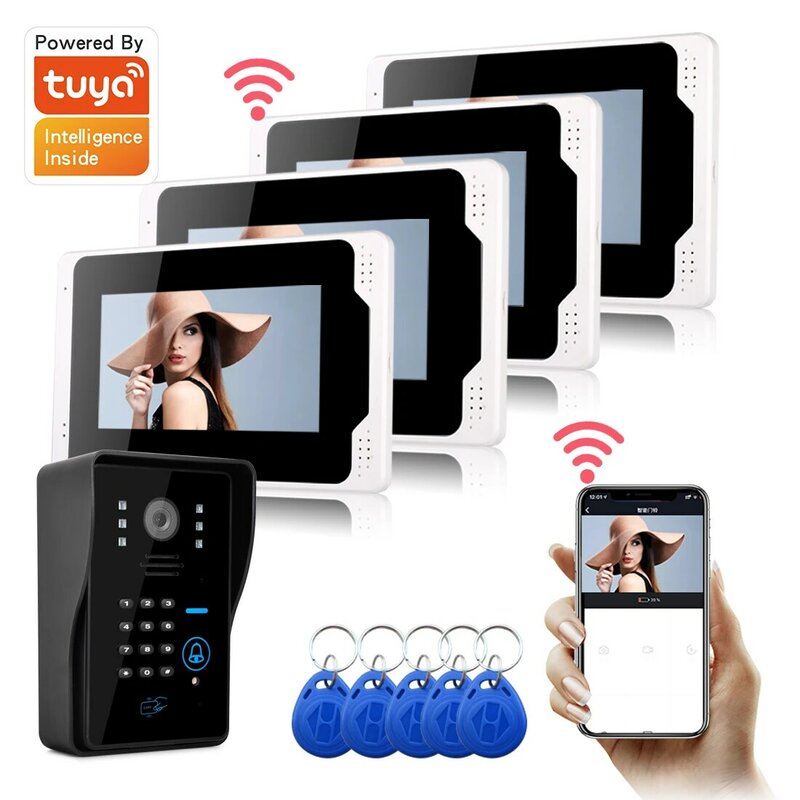 Système d'interphone vidéo à écran tactile LCD TUYA, contrôle d'accès, sonnette vidéo Wi-Fi, interphone de porte, caméra de déverrouillage RFID, 1080P, 7 pouces, 1 ~ 4