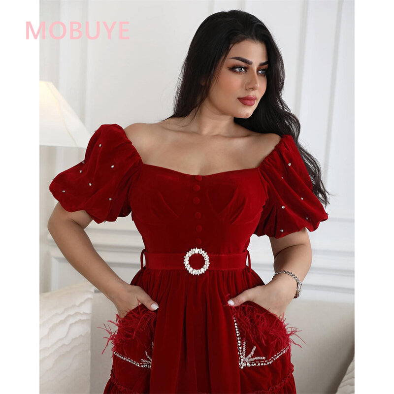 MOBUYE 2024 Arab Dubai Off The Shoulder Neckline Prom Dress Tea Length Evening Fashion Elegant Party Dress For Women