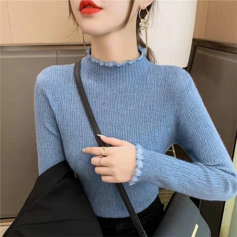 2023 Women's Autumn Winter New Stitching Slim Fit Pullovers Male Long Sleeve Knit Tops Ladies Half High Collar Sweater Tops T217