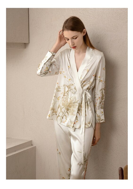 Birdtree-Conjunto de pijama de seda real para mulheres, chinoiserie, calças de manga comprida, conforto respirável, loungewear suave, outono, 90% material, S41447QD