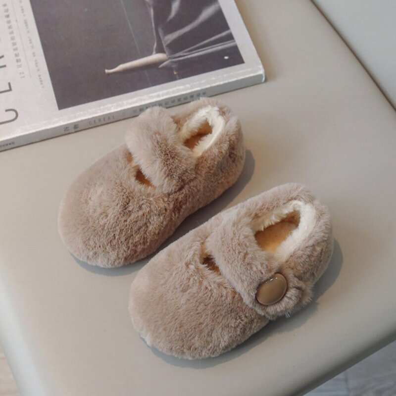 Winter Kids Soft Flat Shoes Cute Girl's Fluffy Fur Warm Cotton Shoes Children Leisure Hook-loop Comfy ToddlerMary Janes Shoe