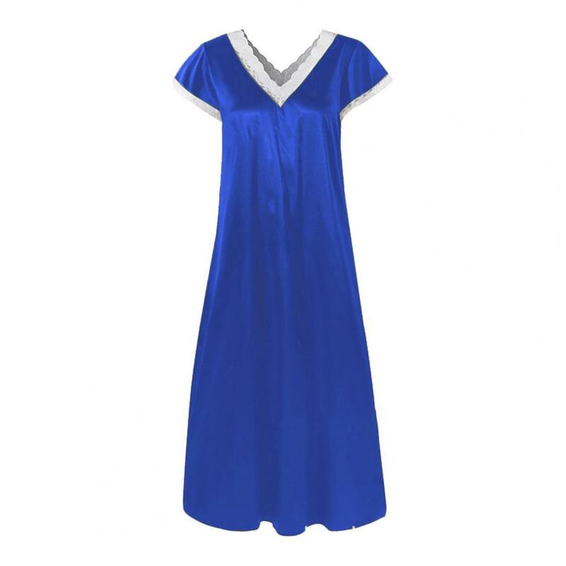 V-neck Short Sleeve Dress Elegant V-neck Lace Nightgown for Women Short Sleeve Satin Sleepwear with Loose Fit for Homewear