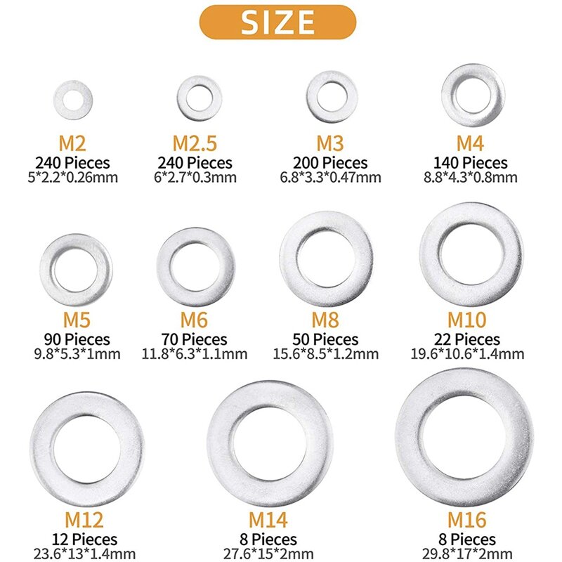 Rondelle piatte-rondelle piatte da 1080 pezzi 11 dimensioni rondelle piatte in acciaio inossidabile e Set di rondelle di sicurezza