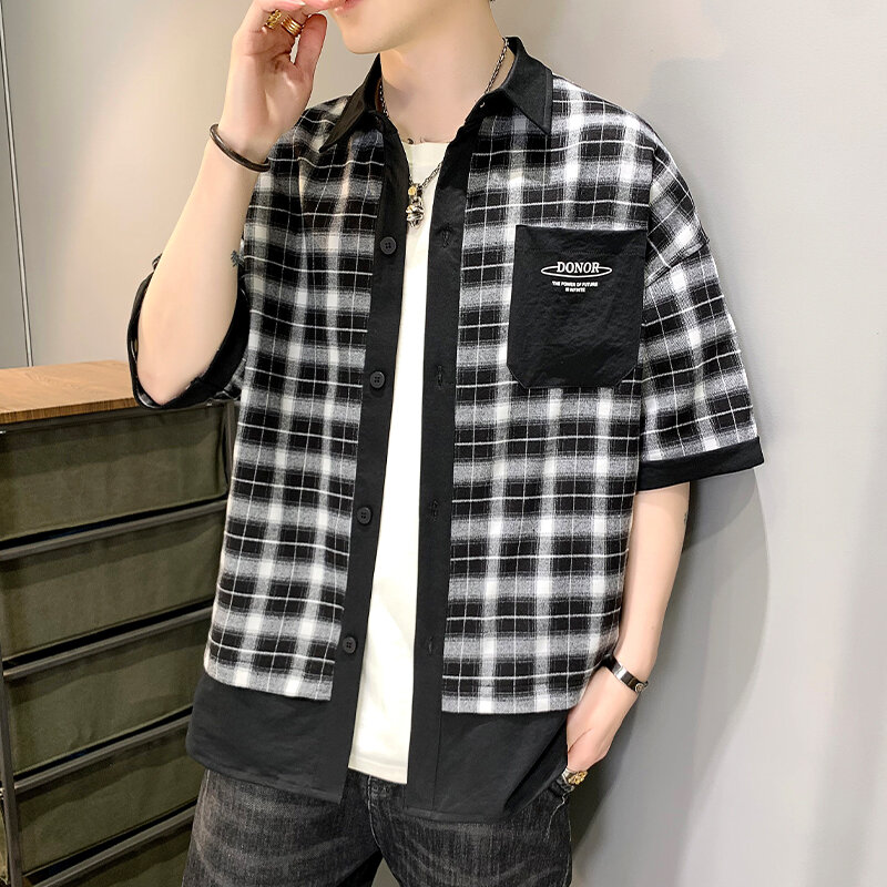Camisa xadrez manga curta com estampa masculina, lapela patchwork, macacão hip-hop, tops soltos vintage, streetwear Harajuku, camiseta de verão