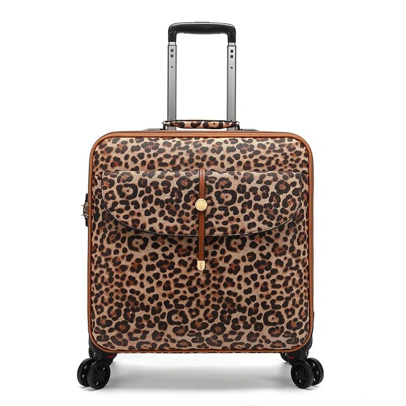 PU Rolling Luggage Travel Suitcase Women Trolley Case With Wheels 18inch Carry On Travel Bag Retro Suitcase