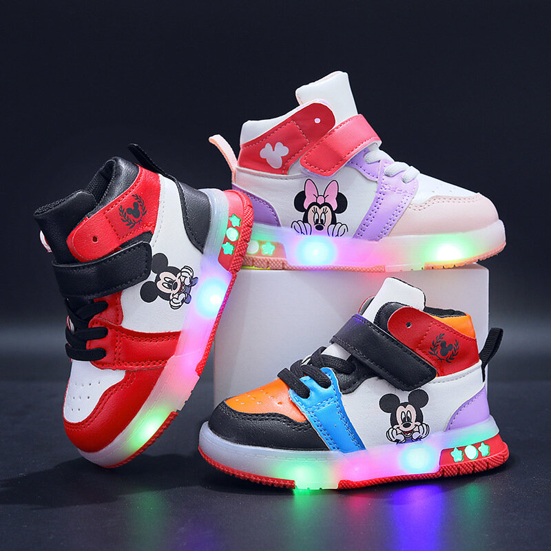Disney-zapatos de cuero sintético para niña, zapatillas luminosas LED de Mickey Mouse, deportivas informales para niños de 1 a 6 años