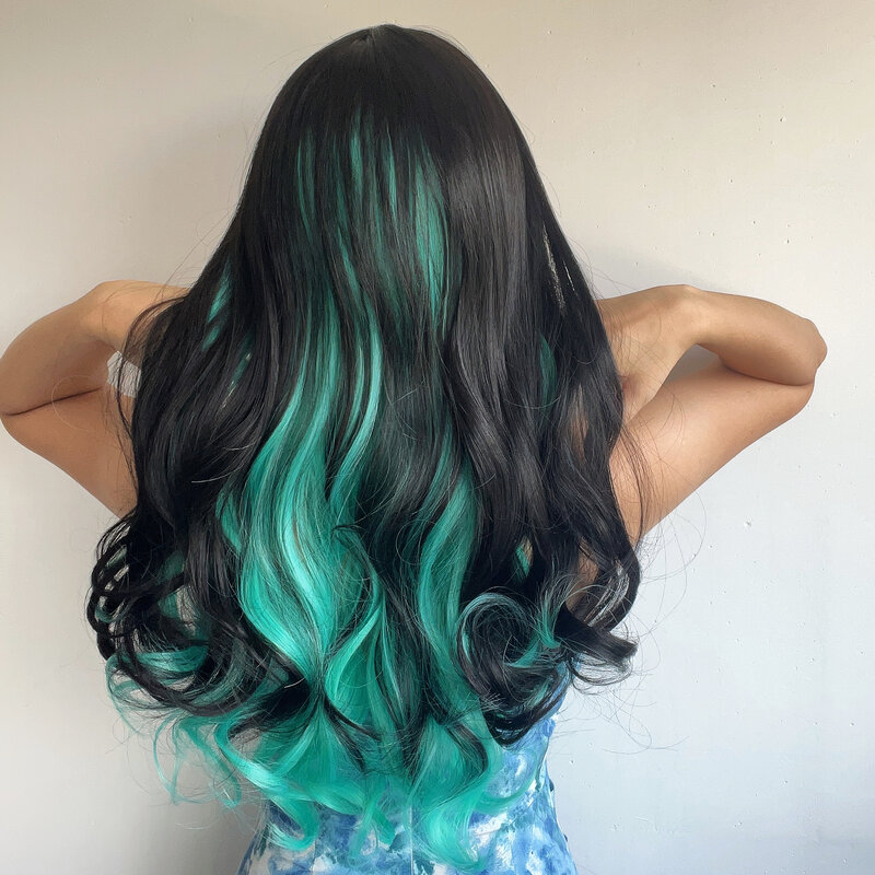 Длинные Черно-зеленые волнистые синтетические парики с челкой для женщин Многослойные градиентные прямые челки вьющиеся волосы устойчивые к натуральным волосам