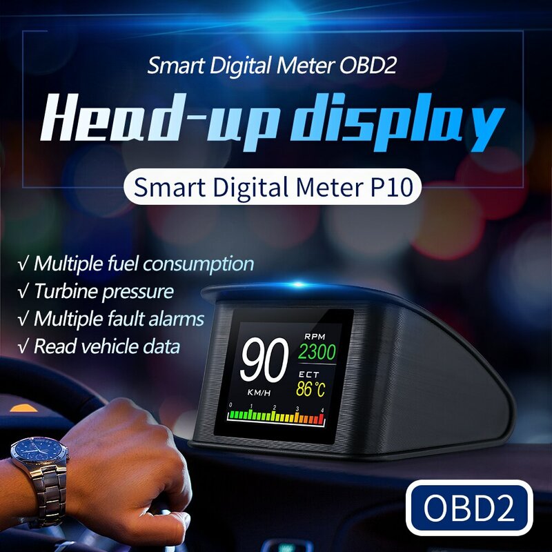 Universal P10 Head Up Display, HUD Velocímetro, OBD Smart Digital Overspeed Alarme, Código de falha do motor, Navegador do carro, carro com segurança