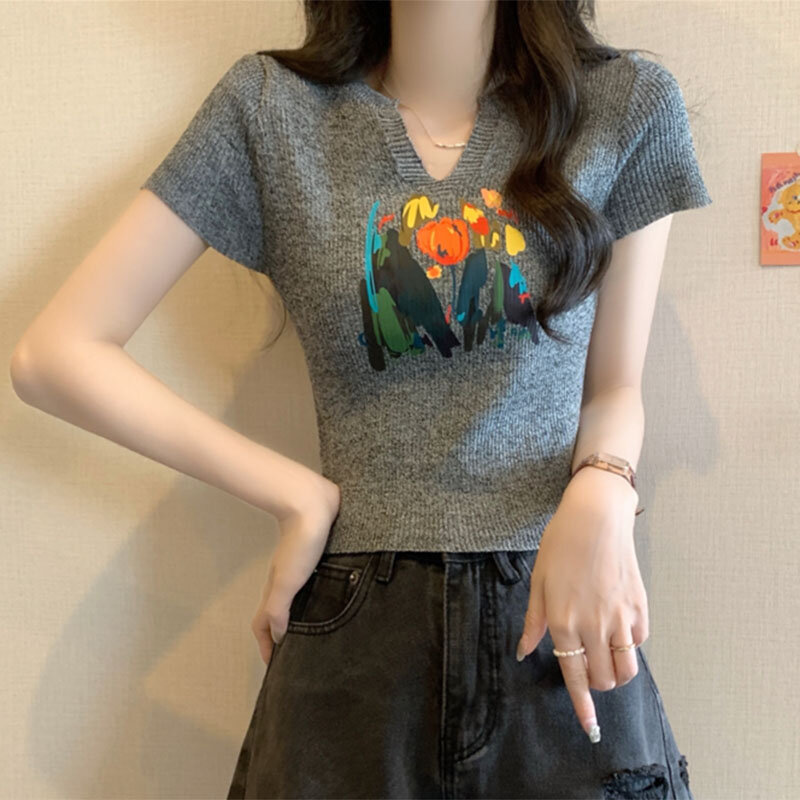 Корейская Модная вязаная футболка с принтом, женская летняя Мягкая трикотажная одежда, футболки с коротким рукавом, Женская облегающая футболка, топы
