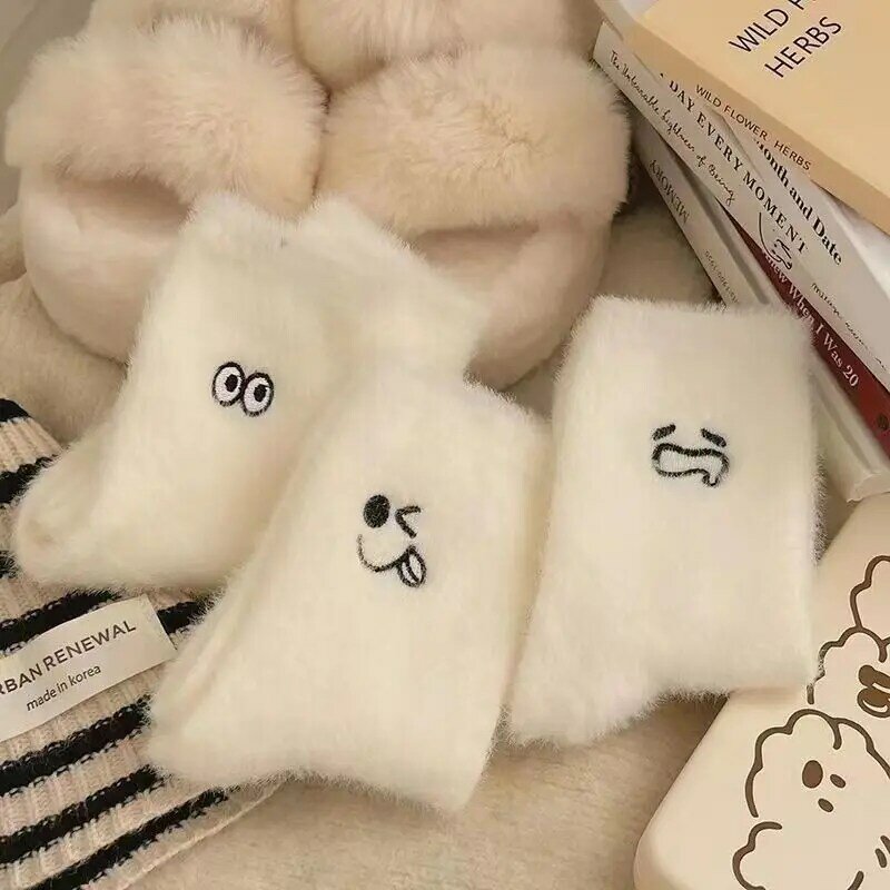 Plush Mink Socks For Women Autumn And Winter Breathable Warm Stocking Versatile Embroidered Furry Cartoon Eyes Thick Socks