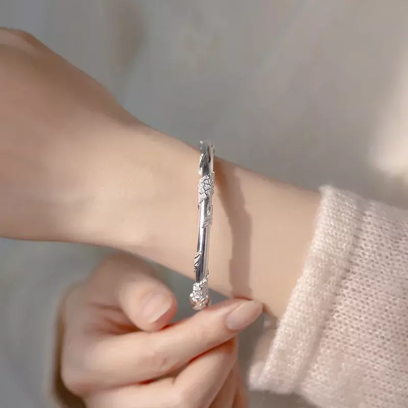 Nuovo modello di foglia di fiore di alta qualità reale S999 gioielli retrò in argento puro superficie liscia donna braccialetto aperture regalo della madre