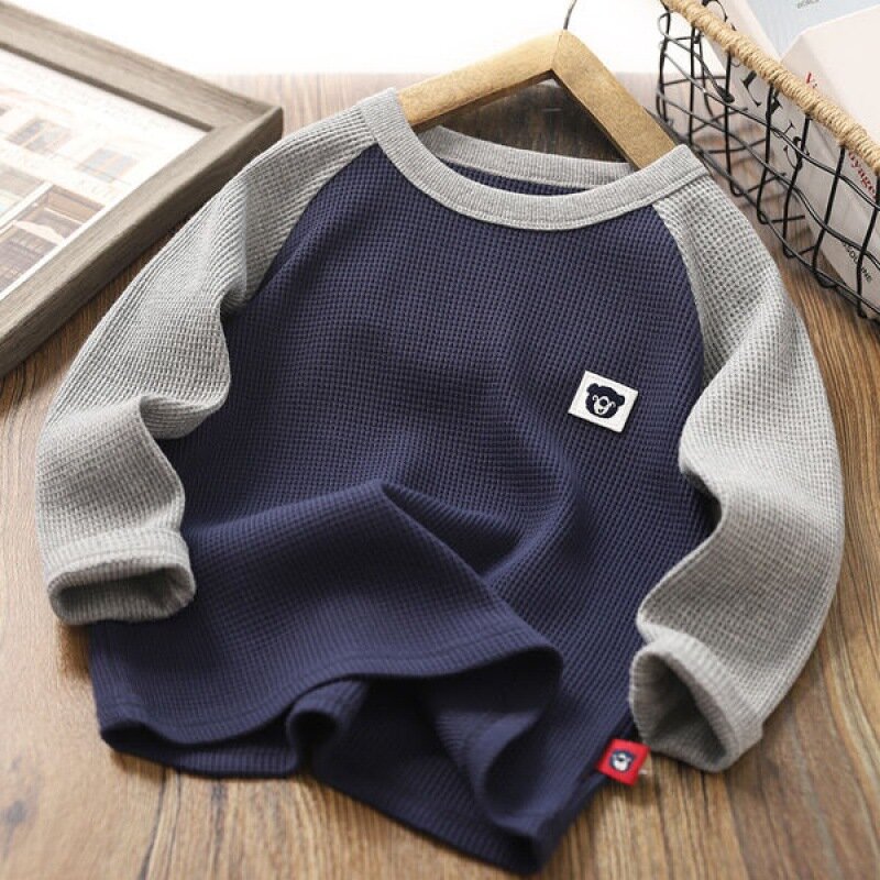Camiseta de manga larga para niños, ropa Simple coreana, Color sólido, gofrado, Tops sueltos para bebés, 4-15 años