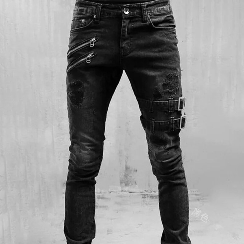 Calças jeans skinny rasgadas masculinas, calças jeans longas, calças de jogging masculinas, calças elásticas destruídas, alças laterais, bolso com zips