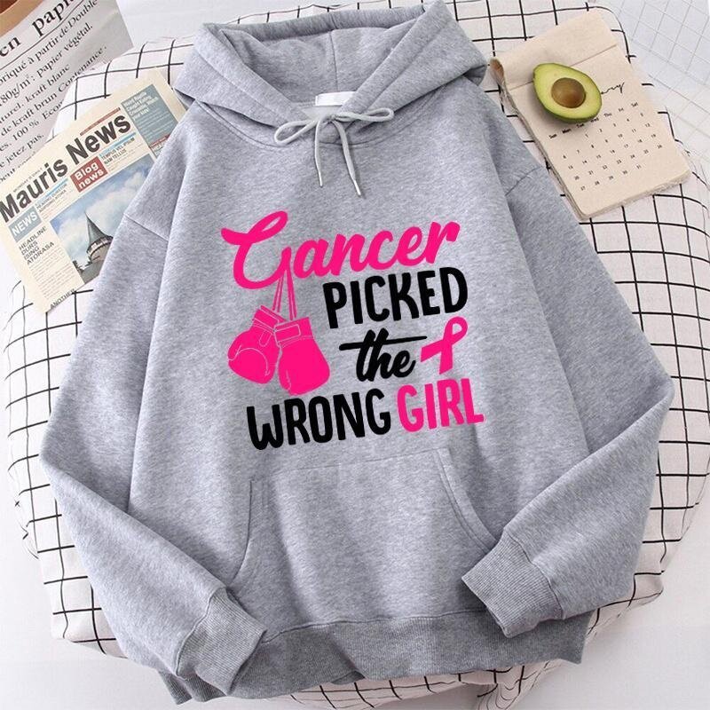 Cute Cancer Picked The Wrong Girl Breast Cancer Awareness Letter Printing Hoodies Loose Sweatshirt Women Long Sleeve Casual Tops