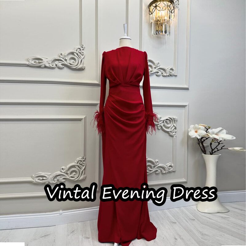 Vindal Mermaid Floor Length Evening Dress  Elegant Crepe Ruffle Empire Prom Dresses Long Sleeves  Scoop Neckline For Woman 2024