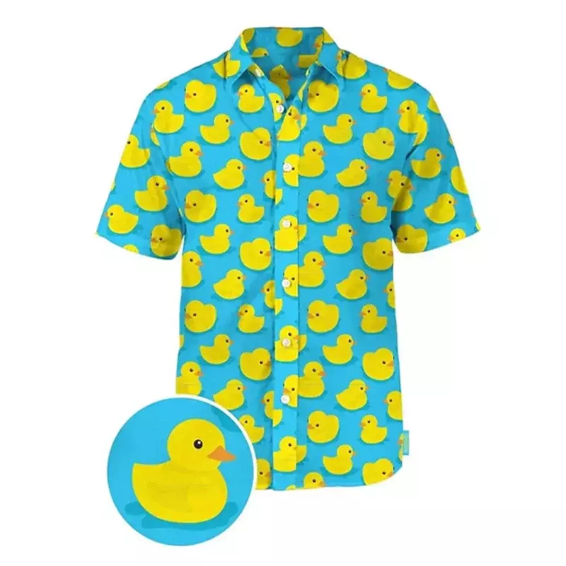 Hawaiian summer men's shirts, button up shirts, animal printed yellow duck patterns, outdoor street clothing
