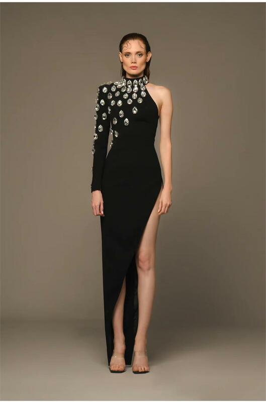 Женское длинное облегающее платье макси, элегантное вечернее платье с одним рукавом в стиле Звезд, черного цвета, 2024