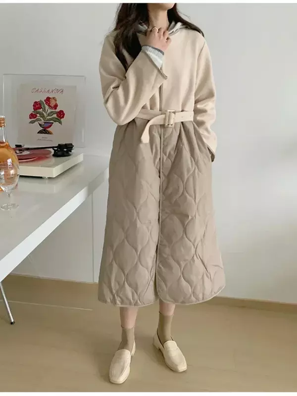 Koreańskie modne damskie parki zimowe z okrągłym dekoltem jednorzędowy pasek długi kurtka podszyta bawełną płaszcz damski
