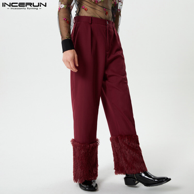 INCERUN 2024 American Style Men's Trousers Personality Solid Patchwork Plush Long Pants Casual Male Straight Leg Pantalons S-5XL