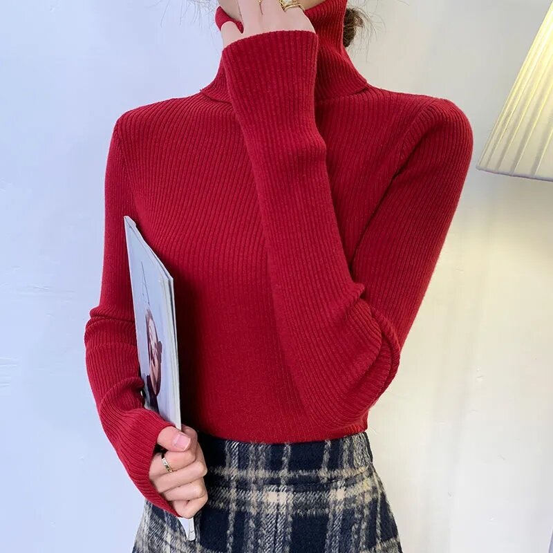 Suéter de damasco feminino de malha gola alta, top versátil, ajuste fino, fundo, pulôver outono, roupa de inverno, novo, 2023