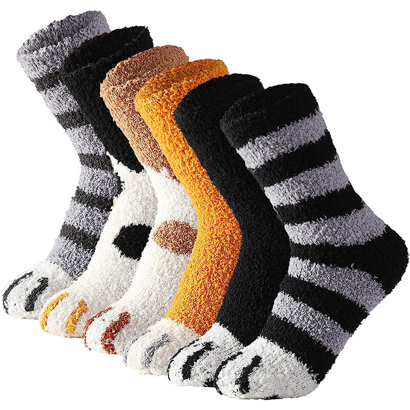 Calcetines elásticos con estampado de pata de gato para mujer, medias gruesas de lana de Coral, felpa peluda y acogedora, para dormir, invierno, 3 pares