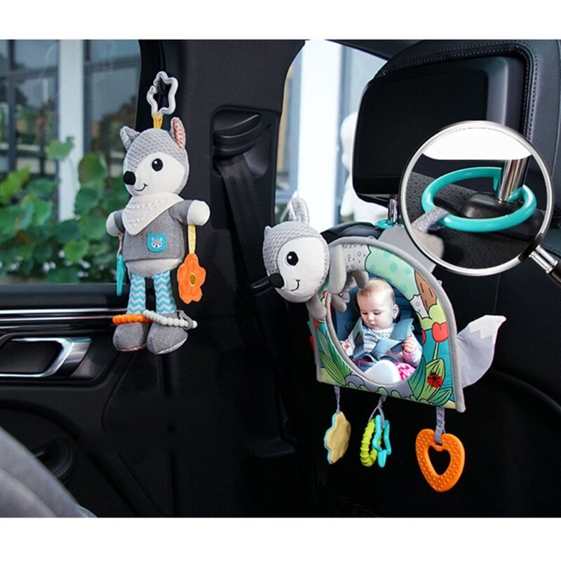 กระจกรองศีรษะรถสำหรับหันหน้าไปทางด้านหลังเด็กทารกรถเข็นเด็กแขวนของเล่น Rattle Teether ด้านหลัง Carseat Travel Gear