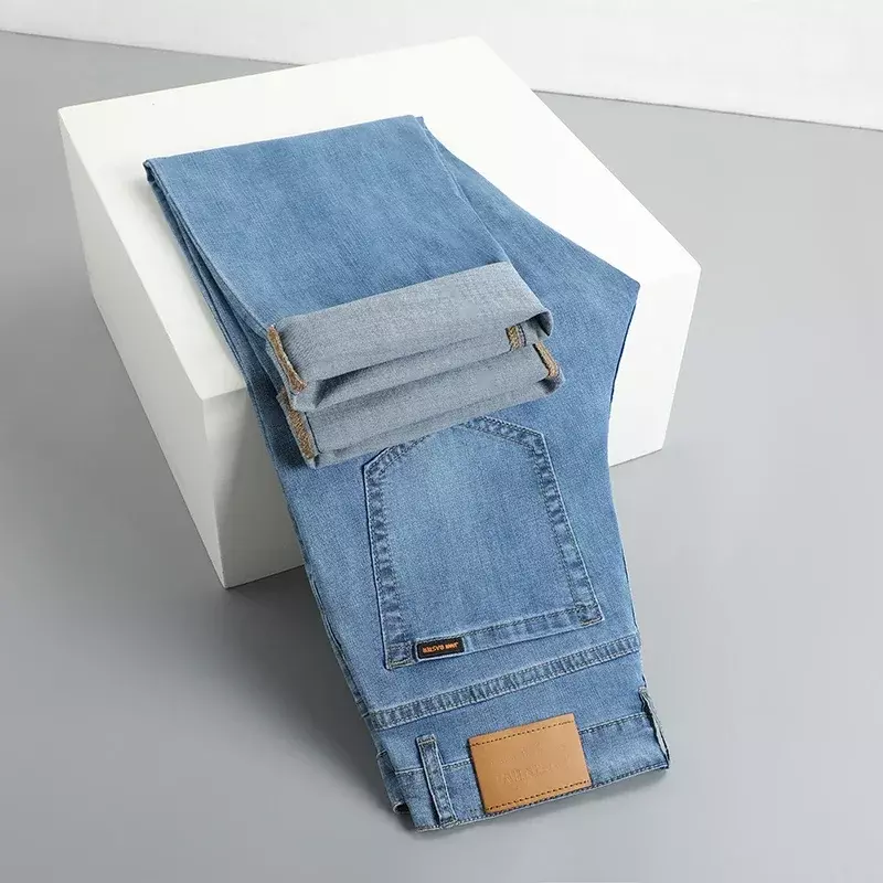 Celana panjang Jeans mewah untuk pria, celana panjang Denim lurus bisnis santai klasik elastis, celana panjang Denim lembut Musim Panas 2024 untuk pria
