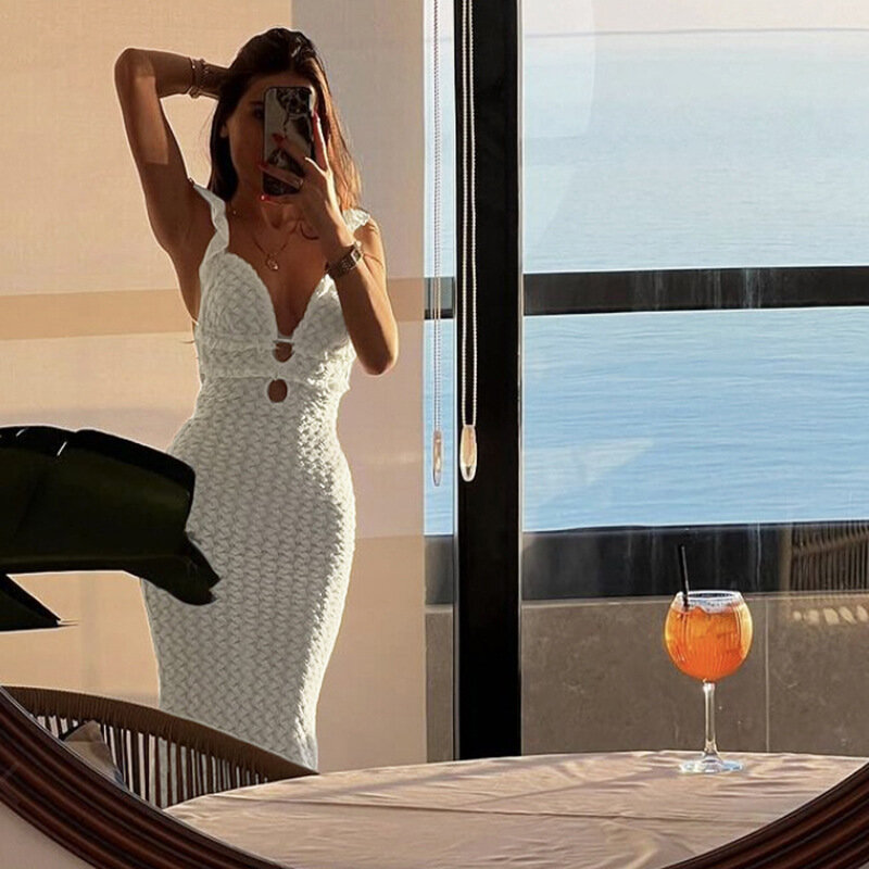 Gaun Prom wanita renda putih kerah v-dalam tanpa lengan Halter musim panas gaun pesta panjang rok liburan pantai jubah punggung renda