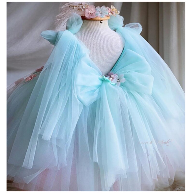 Flower Girl Dresses Cute Light Blue For Wedding Kids Butterfly Bow Party Girls Pageant Dresses Appliqued Birthday Photoshoot