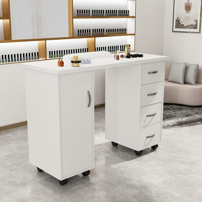 mefeir Manicure Table Nail Desk w/Cabinet, Drawers, Wheels & Wrist Rest, Spa Salon Beauty Home Wooden Technician Workstation