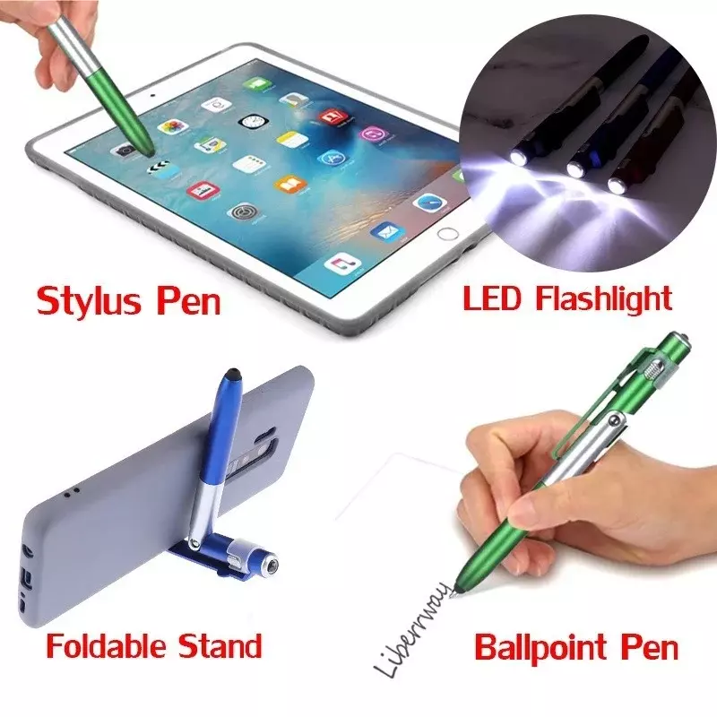 Multi-Function metal capacitiva caneta, canetas esferográficas com lanterna LED, suporte do telefone, 4 em 1