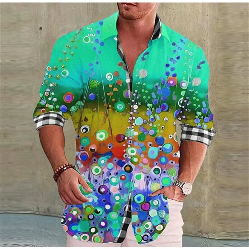 Solapa de manga larga para hombre, diseño de flores coloridas, camisa informal, suave y cómoda, top sedoso y liso