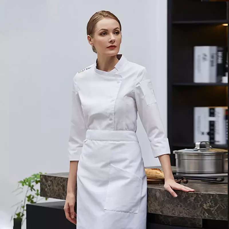 女性のための長袖シェフのジャケット、レストランのための通気性のある作業服、ホテルのキッチンの制服、ケータリングと調理のためのコート
