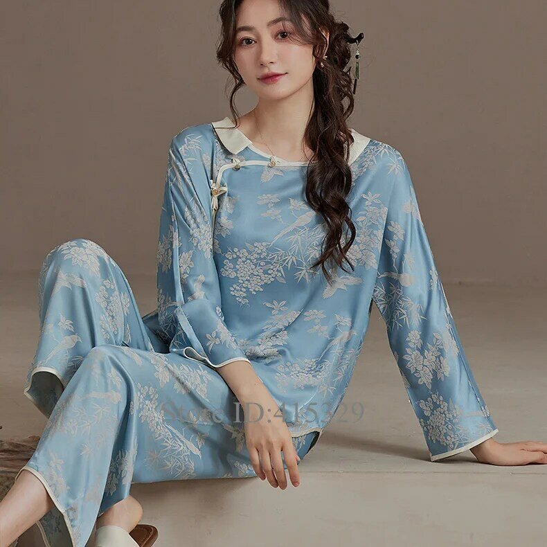 Pijama de satén de estilo chino para mujer, ropa de dormir de manga larga, traje de pijama de seda de hielo, traje de lujo con estampado, novedad