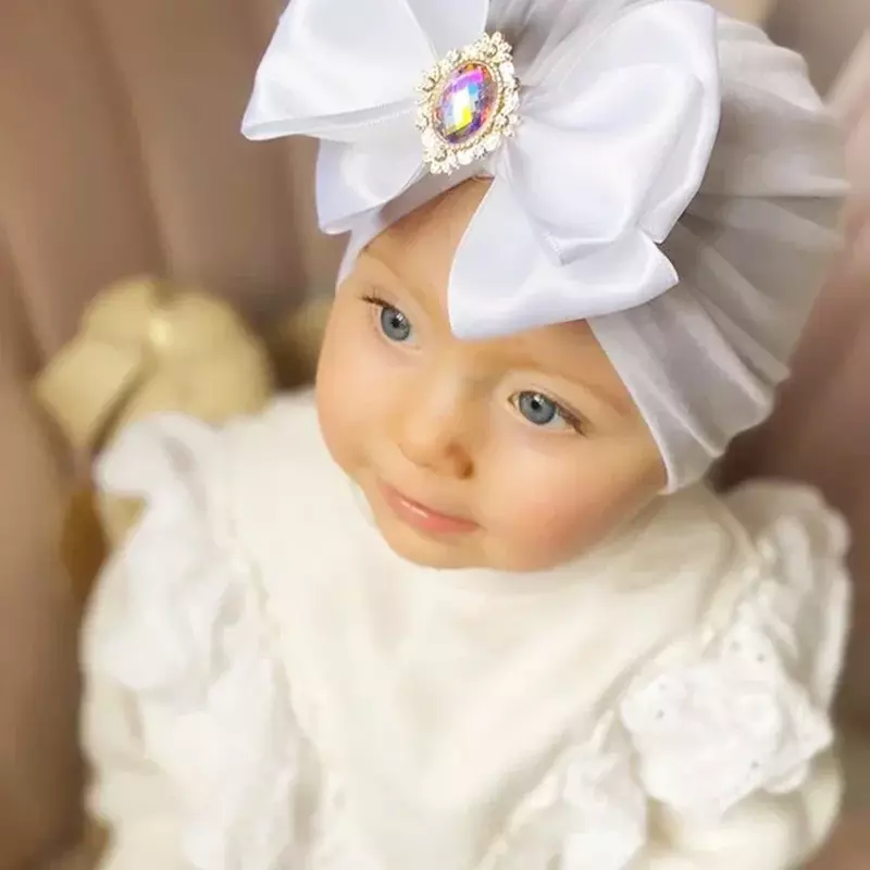 Brilhante Rhinestone Bowknot Cotton Hat da menina do bebê, infantil chapéu indiano, macio, Skin-Friendly, bonés, moda turbante, artesanal, arcos Headwear, bonito