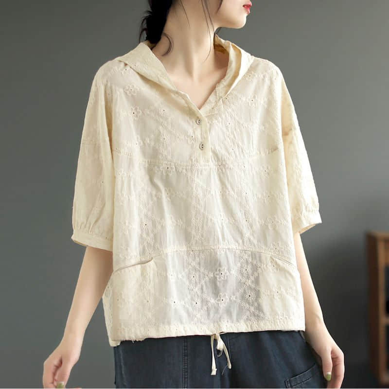 95% Cotton Shirts for Women Vintage Half Sleeve Hooded Shirts Embroidery Loose Casual Korean Fashion Retro Blouse Women Tops