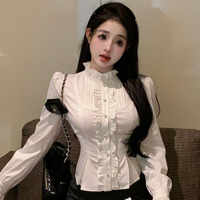 Qweek Elegante Witte Lange Mouw Blouses Vrouwen Koreaanse Mode Luxe Knoop Up Shirts Vrouwelijke Lente Jeugd Chic Tuniek Esthetische