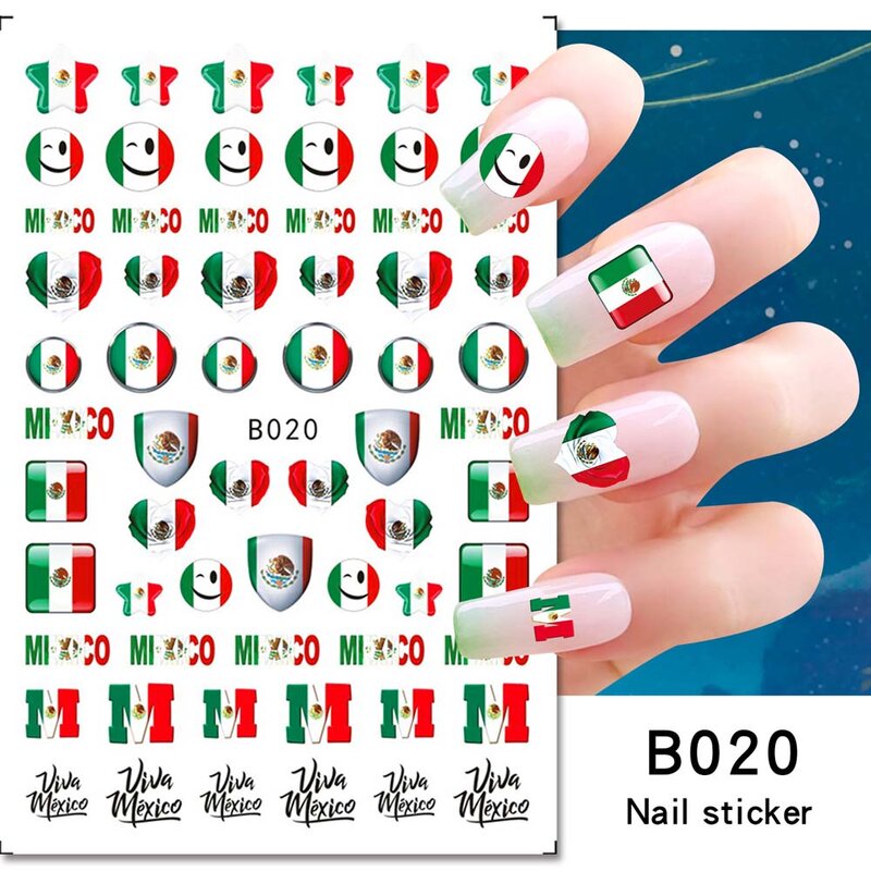 1 Stuks Mexico Usa Vlag Nail Art Stickers Amerikaanse Onafhankelijkheidsdag Nationale Mexicaanse Vlinder Hart Vlam Serie Nagel Sticker Slider