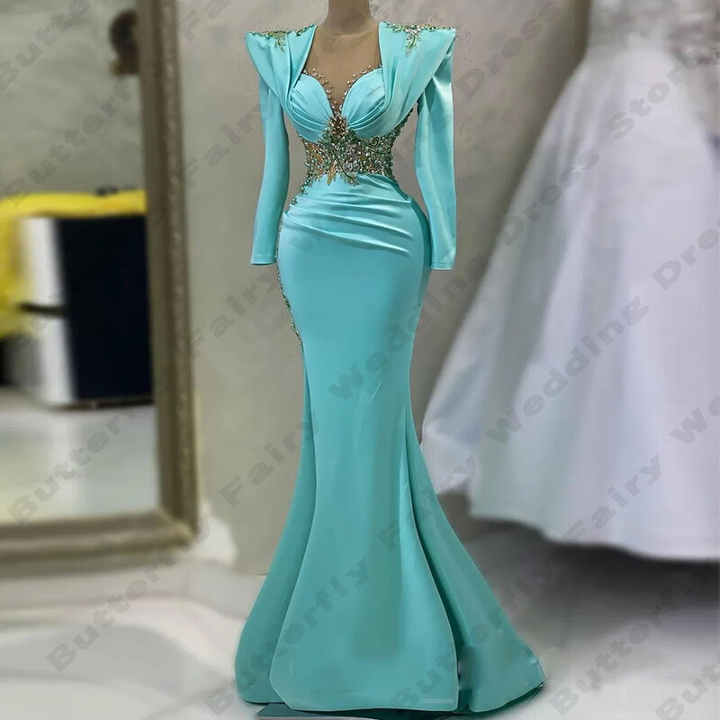 Wunderschöne Frauen Abendkleider Meerjungfrau Satin Perlenschnur Arab Dubai elegante lang ärmel ige Prinzessin Ballkleider Vestidos de Noche