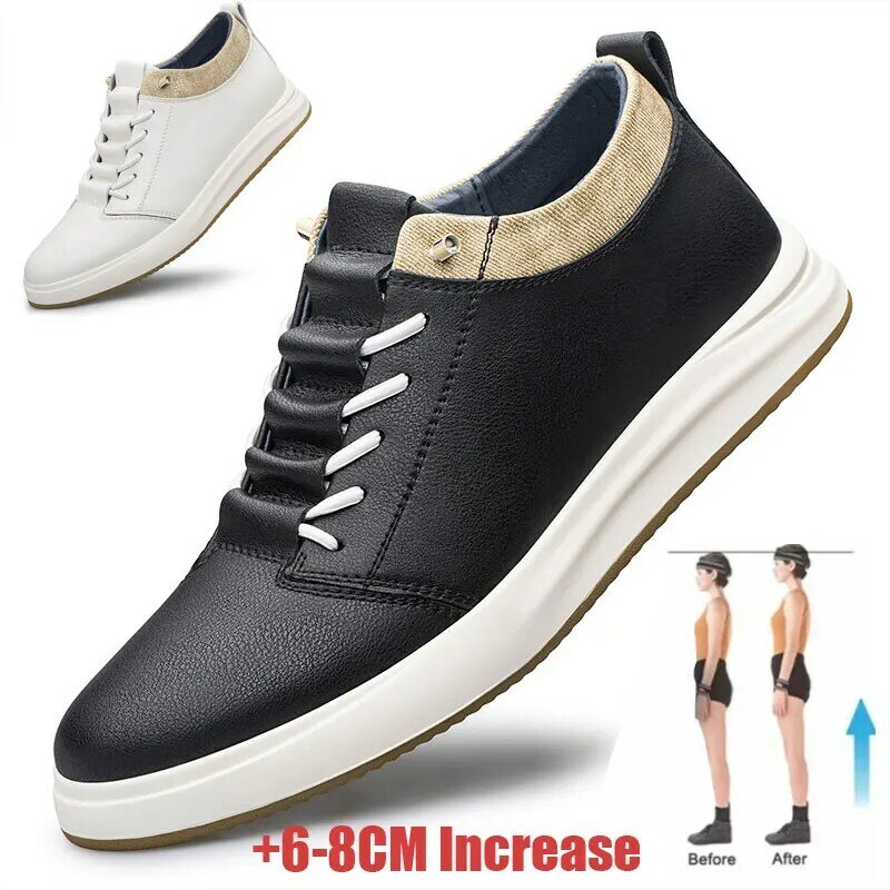 Tênis de couro genuíno masculino, sapatos de elevador, sapatos que aumentam a altura, preto e branco, casual e luxo, 6cm, 8cm