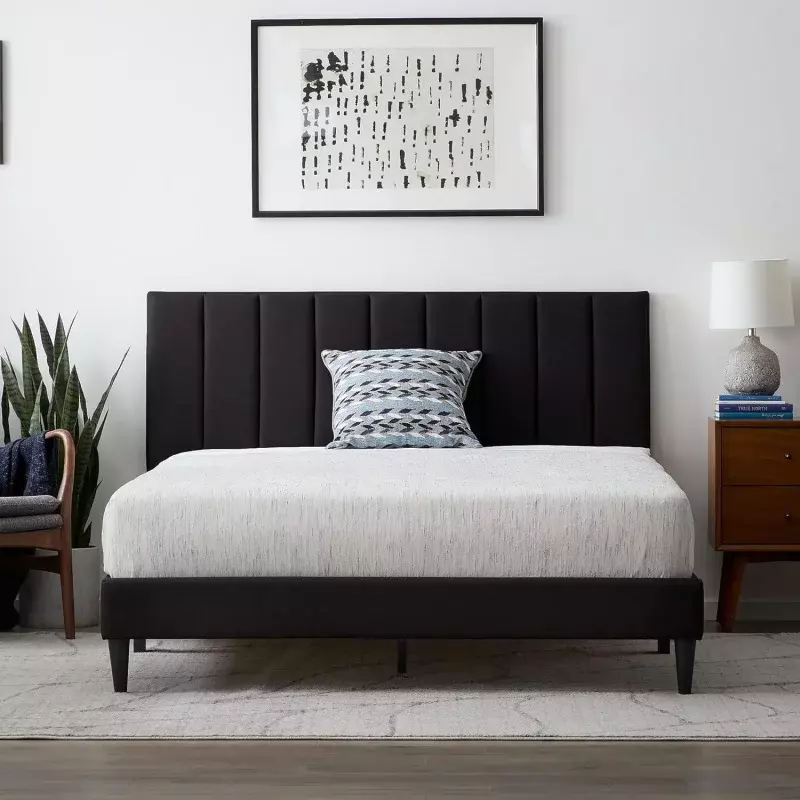 Lucid Queen Bedframe with Vertical Channeled Headboard — Upholstered Platform Bed — Easy Assembly — Queen Size — No Box Spring N