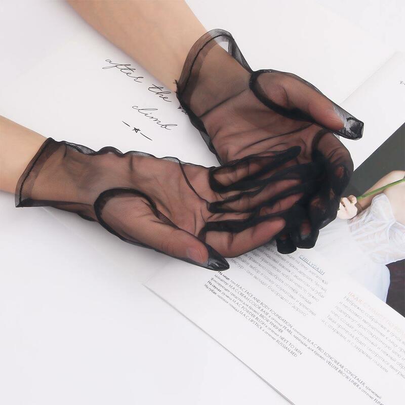 Kobiety Vintage eleganckie czarne białe gazy krótkie rękawiczki seksowne przezroczysta siateczka Ultra cienkie rękawiczki dla akcesoria imprezowe
